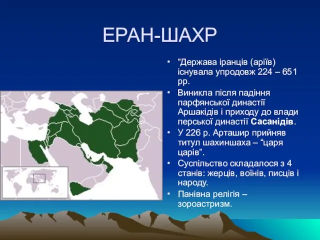 ЕРАН-ШАХР “Держава іранців (аріїв) існувала упродовж 224 – 651 рр. Виникла