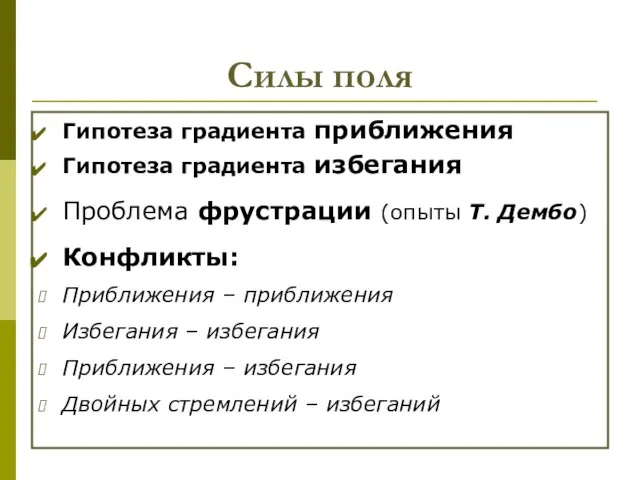 Силы поля Гипотеза градиента приближения Гипотеза градиента избегания Проблема фрустрации (опыты