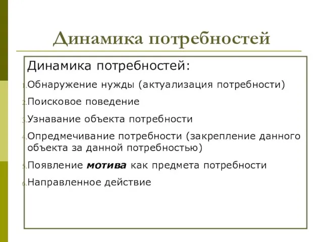 Динамика потребностей Динамика потребностей: Обнаружение нужды (актуализация потребности) Поисковое поведение Узнавание