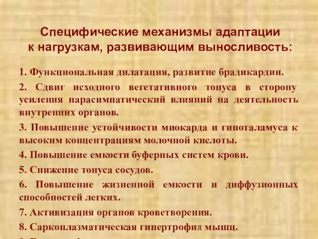 Специфические механизмы адаптации к нагрузкам, развивающим выносливость: 1. Функциональная дилатация, развитие