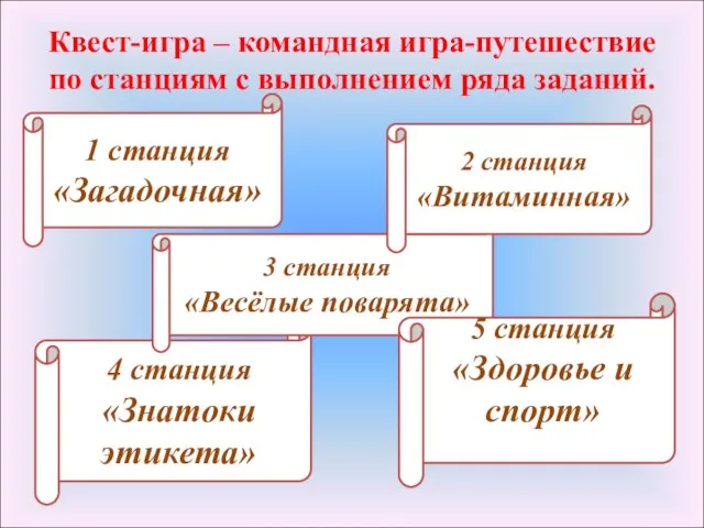 Квест-игра – командная игра-путешествие по станциям с выполнением ряда заданий. 1