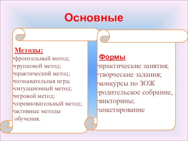 Основные Методы: фронтальный метод; групповой метод; практический метод; познавательная игра; ситуационный