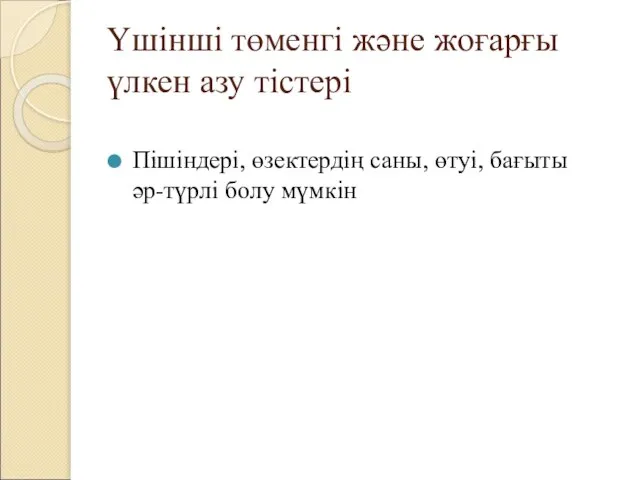 Үшінші төменгі және жоғарғы үлкен азу тістері Пішіндері, өзектердің саны, өтуі, бағыты әр-түрлі болу мүмкін