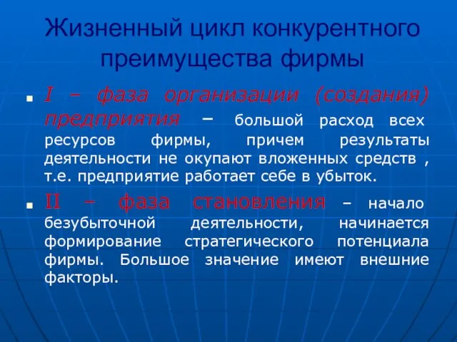 Жизненный цикл конкурентного преимущества фирмы I – фаза организации (создания) предприятия