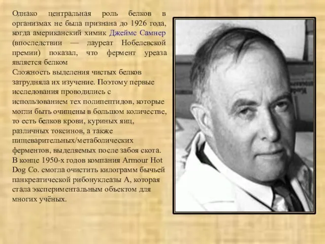 Однако центральная роль белков в организмах не была признана до 1926