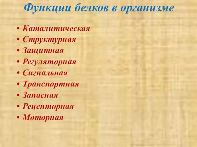 Функции белков в организме Каталитическая Структурная Защитная Регуляторная Сигнальная Транспортная Запасная Рецепторная Моторная