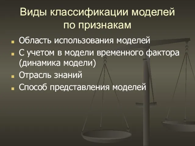 Виды классификации моделей по признакам Область использования моделей С учетом в