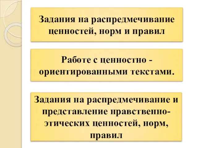 Задания на распредмечивание ценностей, норм и правил Работе с ценностно -ориентированными