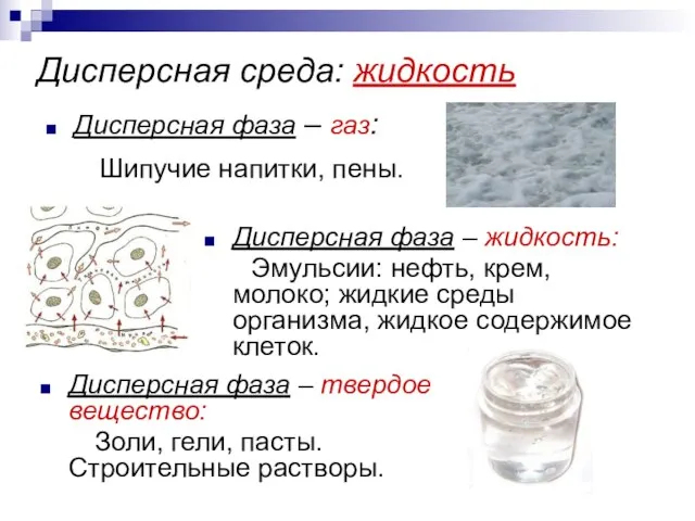 Дисперсная среда: жидкость Дисперсная фаза – газ: Шипучие напитки, пены. Дисперсная