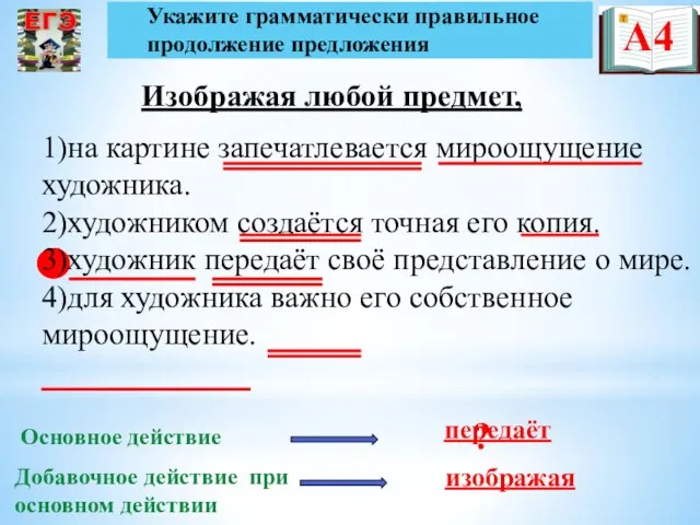 1)на картине запечатлевается мироощущение художника. 2)художником создаётся точная его копия. 3)художник