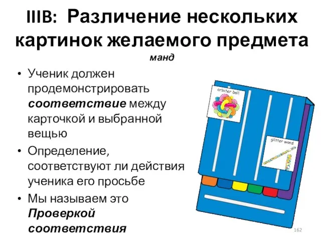 IIIB: Различение нескольких картинок желаемого предмета манд Ученик должен продемонстрировать соответствие