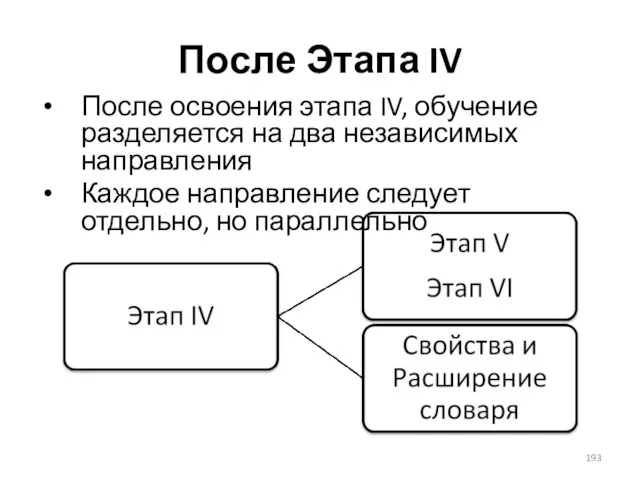 После Этапа IV После освоения этапа IV, обучение разделяется на два