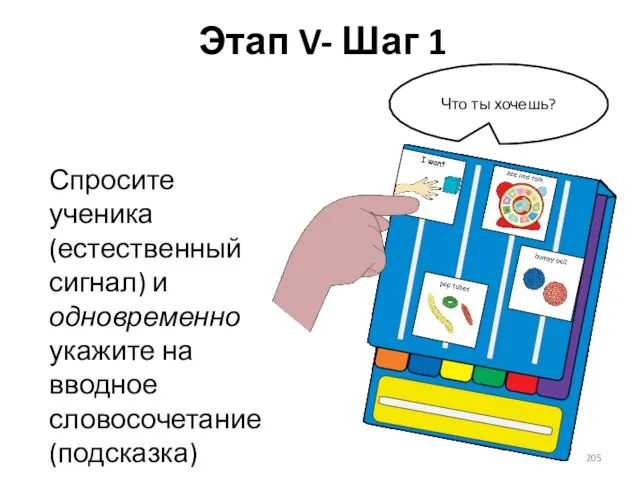 Этап V- Шаг 1 Спросите ученика (естественный сигнал) и одновременно укажите