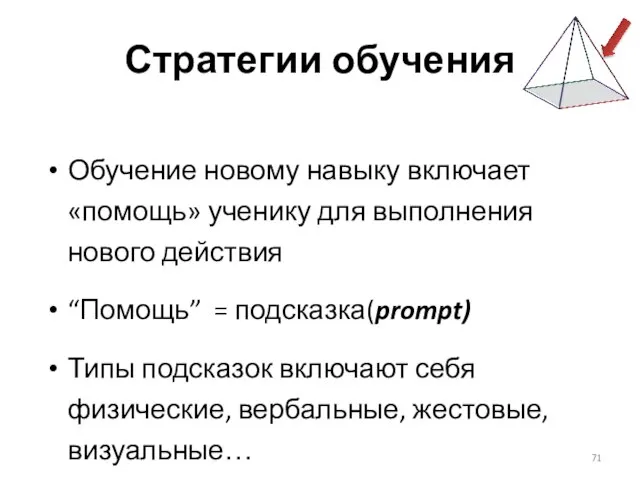 Стратегии обучения Обучение новому навыку включает «помощь» ученику для выполнения нового