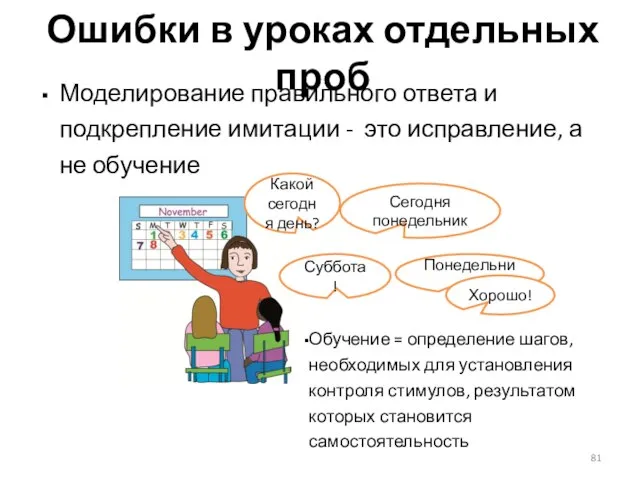 Ошибки в уроках отдельных проб Моделирование правильного ответа и подкрепление имитации