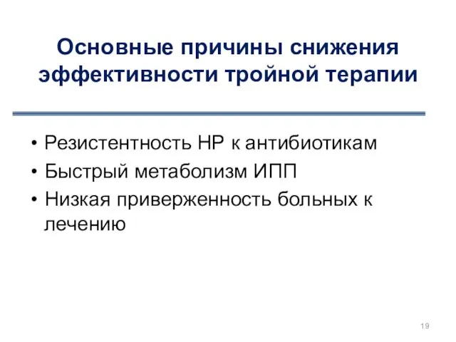 Основные причины снижения эффективности тройной терапии Резистентность НР к антибиотикам Быстрый