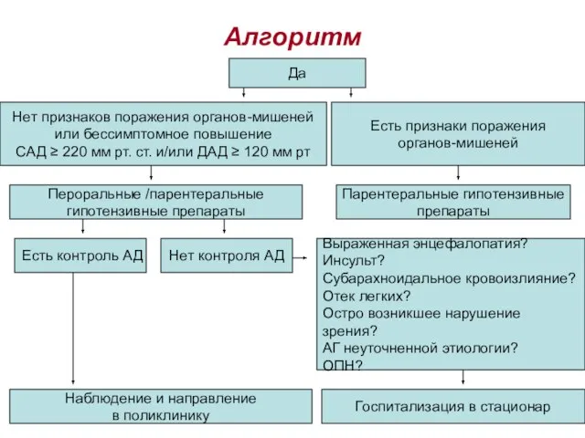 Алгоритм Да Есть признаки поражения органов-мишеней Нет признаков поражения органов-мишеней или