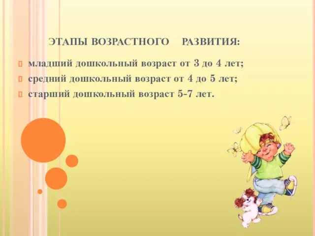 ЭТАПЫ ВОЗРАСТНОГО РАЗВИТИЯ: младший дошкольный возраст от 3 до 4 лет;