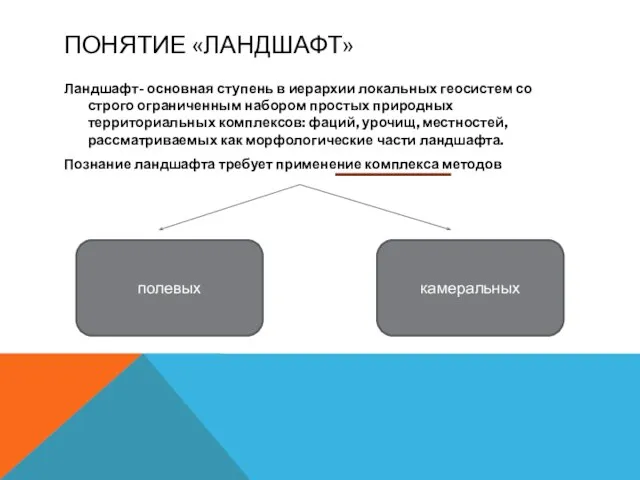 ПОНЯТИЕ «ЛАНДШАФТ» Ландшафт- основная ступень в иерархии локальных геосистем со строго