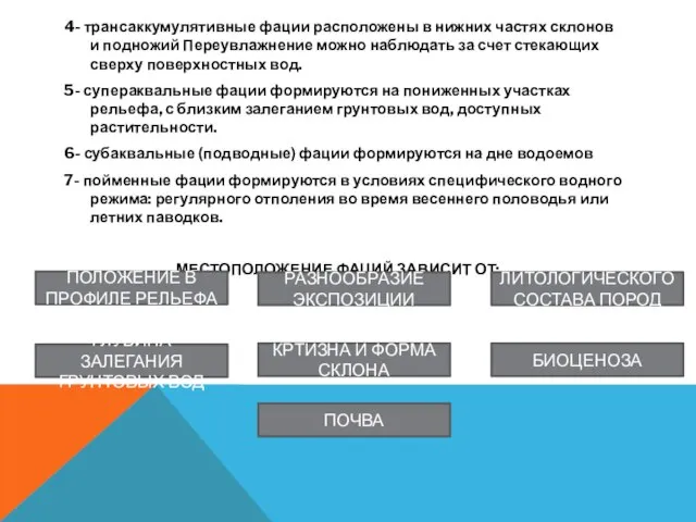 4- трансаккумулятивные фации расположены в нижних частях склонов и подножий Переувлажнение