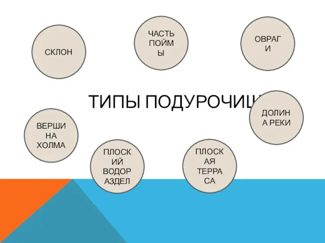 ТИПЫ ПОДУРОЧИЩ СКЛОН ВЕРШИНА ХОЛМА ПЛОСКАЯ ТЕРРАСА ПЛОСКИЙ ВОДОРАЗДЕЛ ЧАСТЬ ПОЙМЫ ДОЛИНА РЕКИ ОВРАГИ