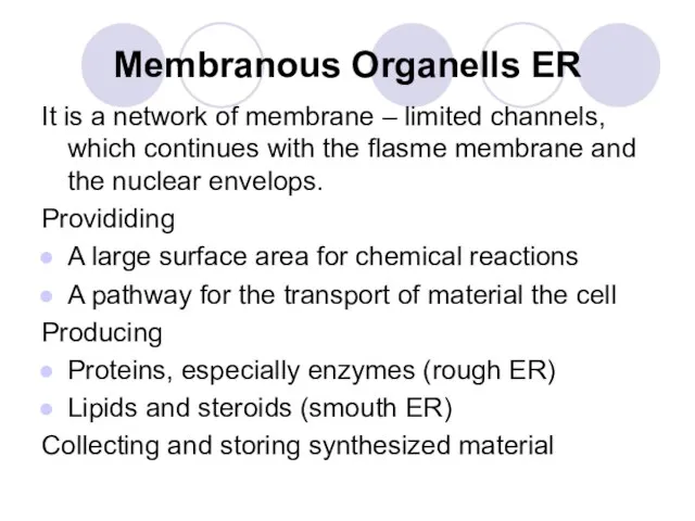 Membranous Organells ER It is a network of membrane – limited