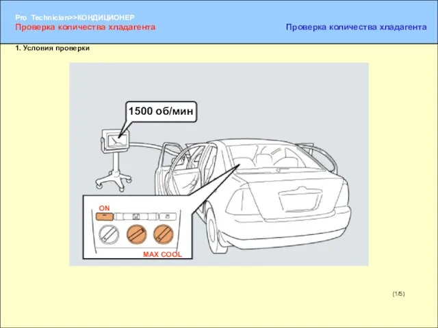 (1/5) 1. Условия проверки Проверка количества хладагента Проверка количества хладагента MAX COOL ON 1500 об/мин