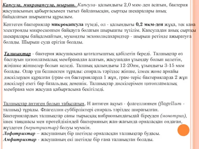 Капсула, микрокапсула, шырыш. Каnсула- қалындығы 2,0 мкм-ден асатын, бактерия жасушасының қабырғасымен