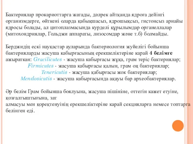 Бактериялар прокариоттарга жатады, дәлрек айтқанда ядроға дейінгi организмдерге, өйткенi оларда қабықшасыз,