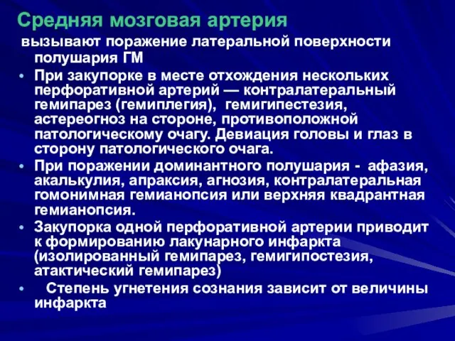 Средняя мозговая артерия вызывают поражение латеральной поверхности полушария ГМ При закупорке