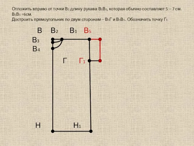 Отложить вправо от точки В1 длину рукава В1В5, которая обычно составляет