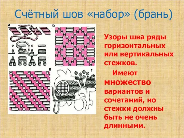 Счётный шов «набор» (брань) Узоры шва ряды горизонтальных или вертикальных стежков.