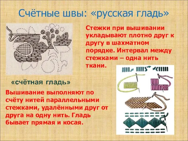 Счётные швы: «русская гладь» Вышивание выполняют по счёту нитей параллельными стежками,