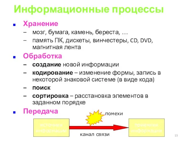 Информационные процессы Хранение мозг, бумага, камень, береста, … память ПК, дискеты,