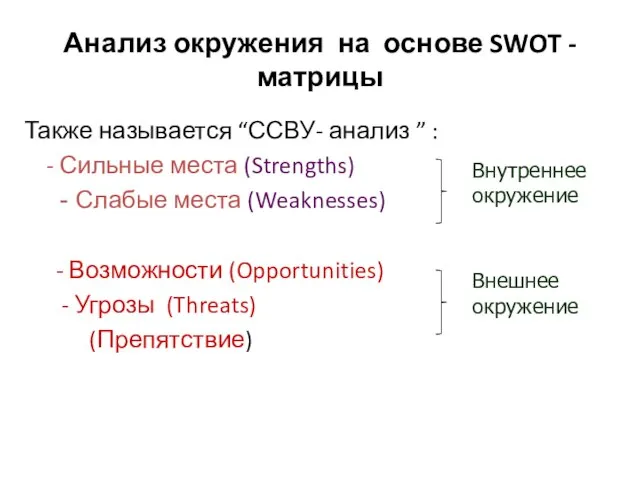 Анализ окружения на основе SWOT - матрицы Также называется “ССВУ- анализ