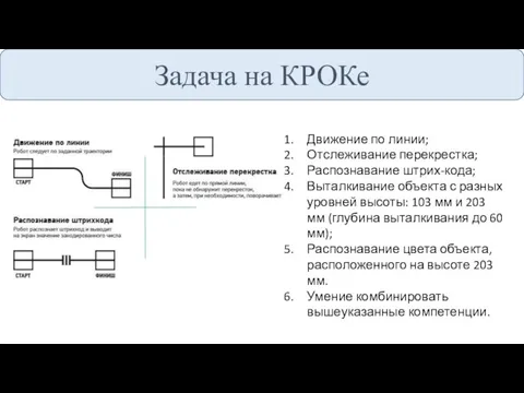 Задача на КРОКе Движение по линии; Отслеживание перекрестка; Распознавание штрих-кода; Выталкивание