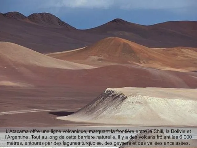 L’Atacama offre une ligne volcanique, marquant la frontière entre le Chili,