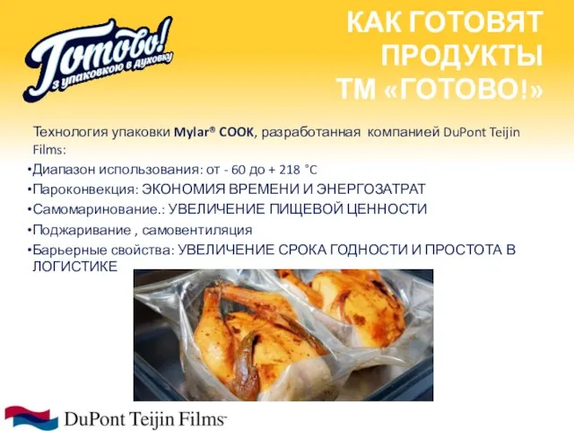 Технология упаковки Mylar® COOK, разработанная компанией DuPont Teijin Films: Диапазон использования: