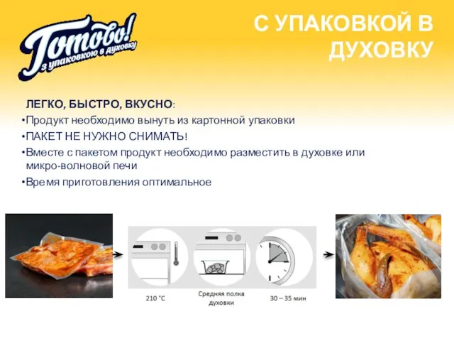 ЛЕГКО, БЫСТРО, ВКУСНО: Продукт необходимо вынуть из картонной упаковки ПАКЕТ НЕ