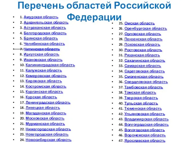 Перечень областей Российской Федерации 1. Амурская область 2. Архангельская область 3.