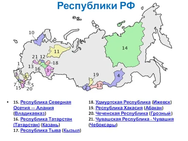 Республики РФ 15. Республика Северная Осетия — Алания (Владикавказ) 16. Республика