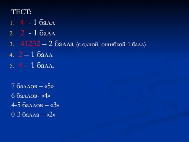 ТЕСТ: 4 - 1 балл 2 - 1 балл 41232 –