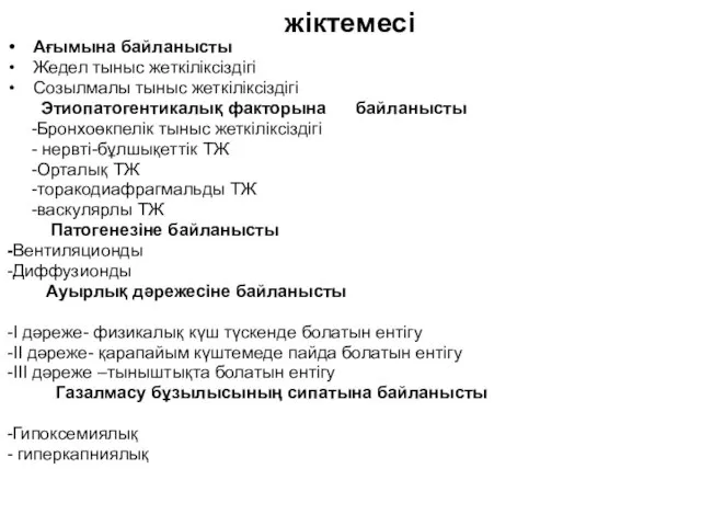 жіктемесі Ағымына байланысты Жедел тыныс жеткіліксіздігі Созылмалы тыныс жеткіліксіздігі Этиопатогентикалық факторына