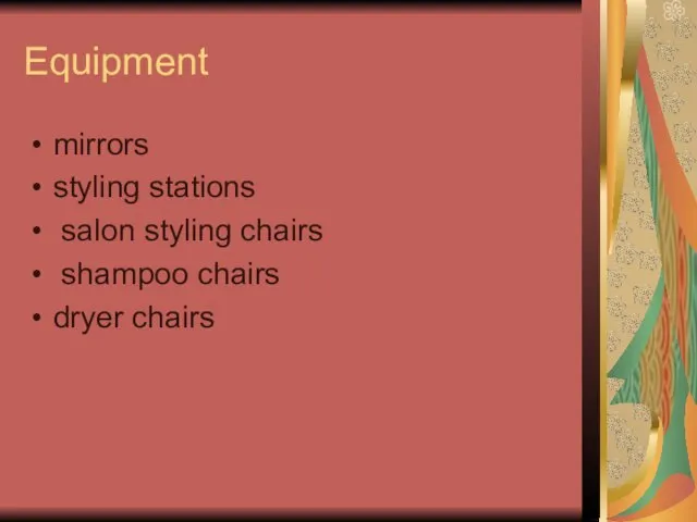 Equipment mirrors styling stations salon styling chairs shampoo chairs dryer chairs