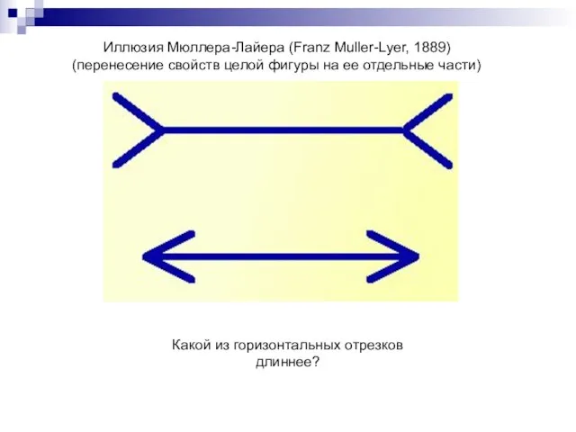 Иллюзия Мюллера-Лайера (Franz Muller-Lyer, 1889) (перенесение свойств целой фигуры на ее