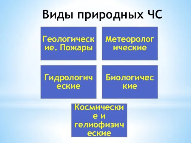 Виды природных ЧС Геологические. Пожары Метеорологические Гидрологические Биологические Космические и гелиофизические