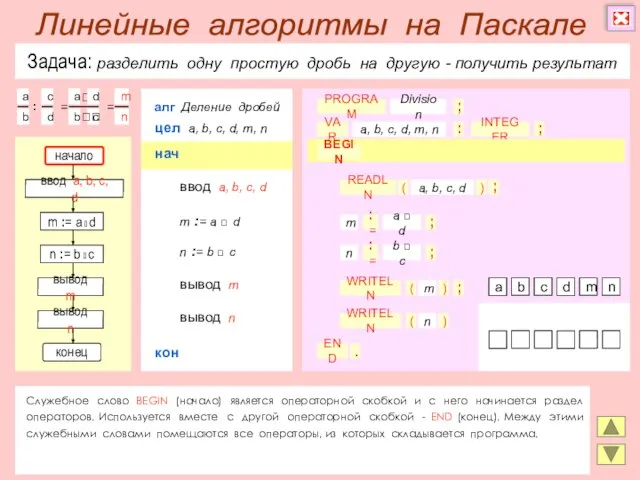 Задача: разделить одну простую дробь на другую - получить результат Служебное