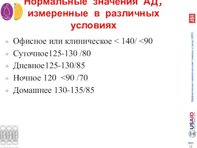 Нормальные значения АД, измеренные в различных условиях Офисное или клиническое Суточное125-130