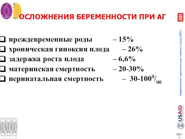 ОСЛОЖНЕНИЯ БЕРЕМЕННОСТИ ПРИ АГ преждевременные роды – 15% хроническая гипоксия плода