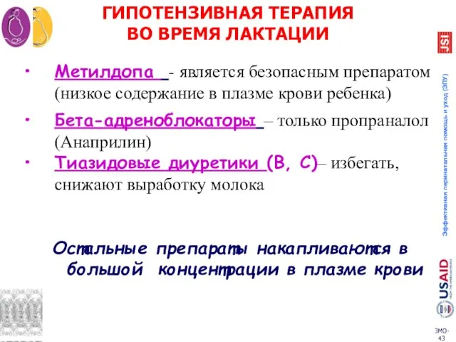 ГИПОТЕНЗИВНАЯ ТЕРАПИЯ ВО ВРЕМЯ ЛАКТАЦИИ Метилдопа - является безопасным препаратом (низкое